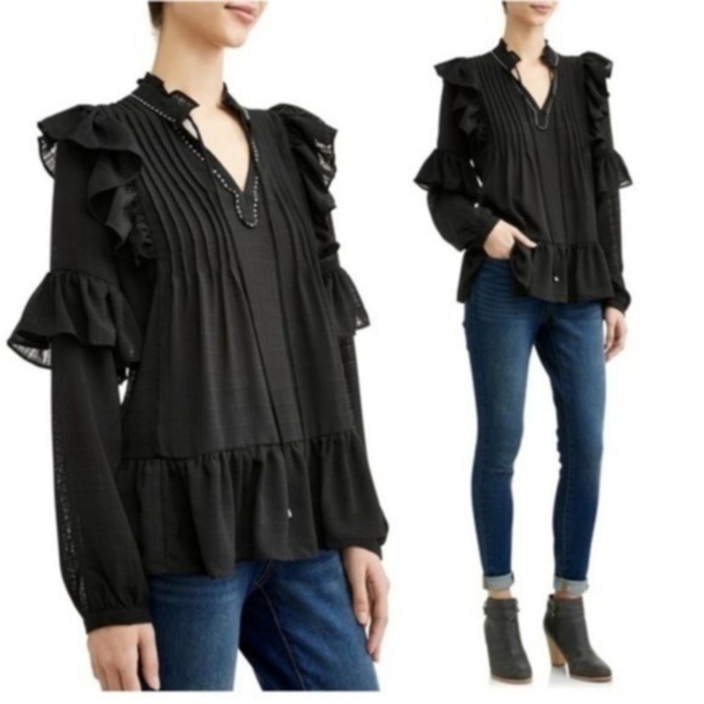 Free Generation Ruffle Long Sleeve Blouse / Top Tie Neck Black